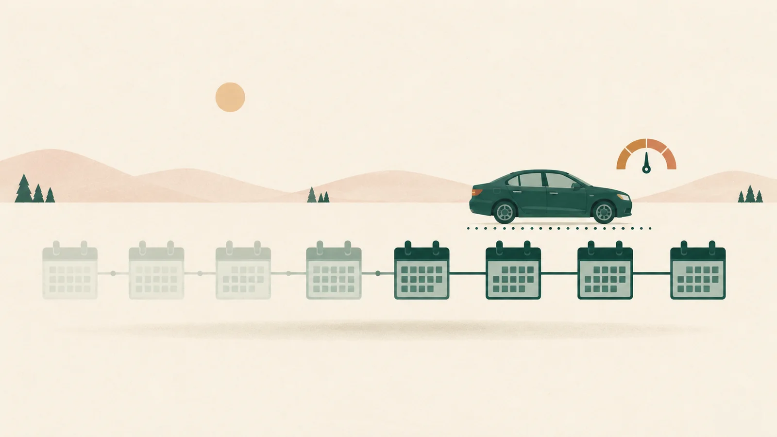 Flat illustration: a calendar strip fading from pale to solid left-to-right, a sedan on a dotted line above the later section and a small arc gauge nearby.