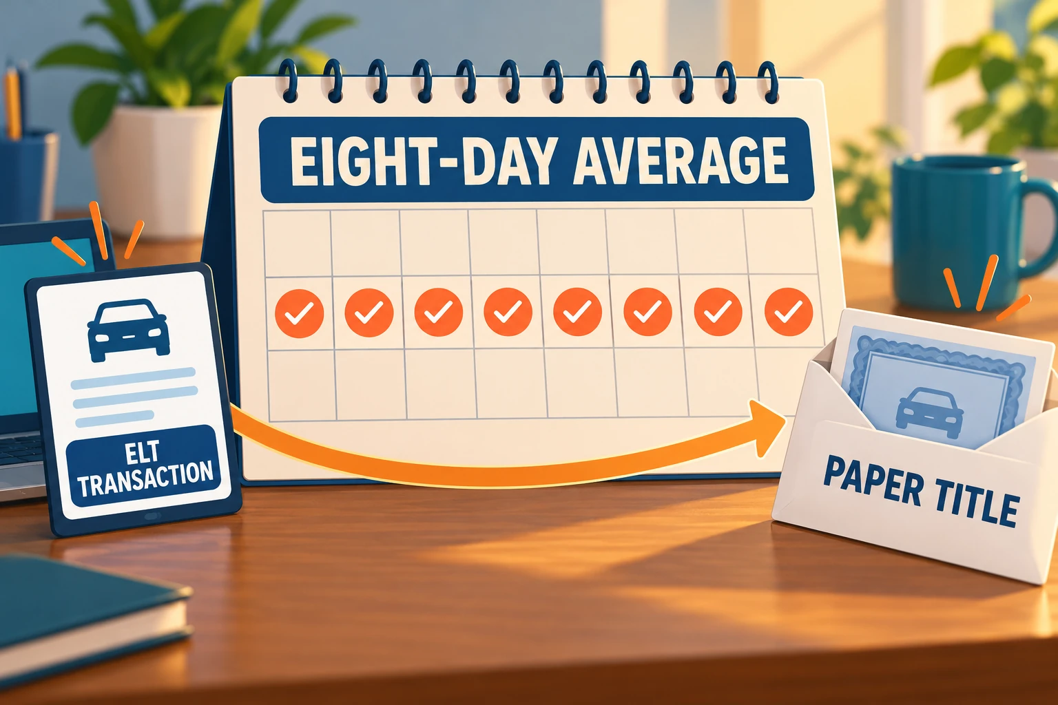 A calendar marks the California DMV eight-day average from the electronic lien transaction to paper-title mailing, rather than from payoff day.
