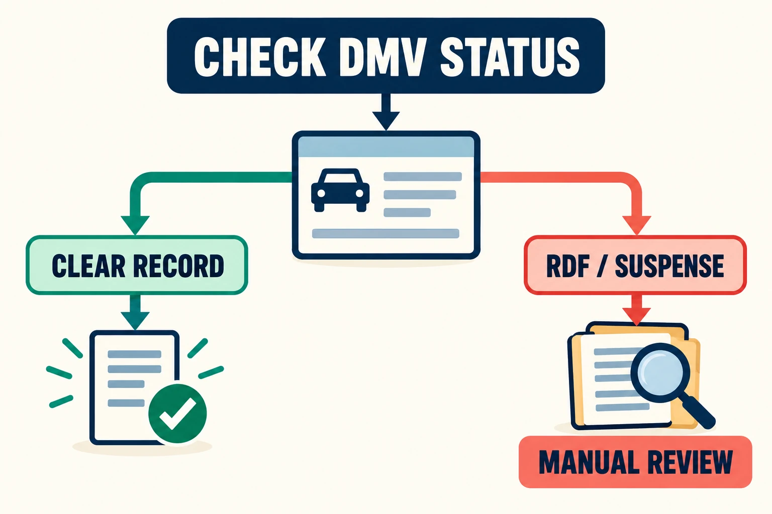 A California ELT decision path showing a DMV record check, clear-record route, and manual review for RDF or suspense status.