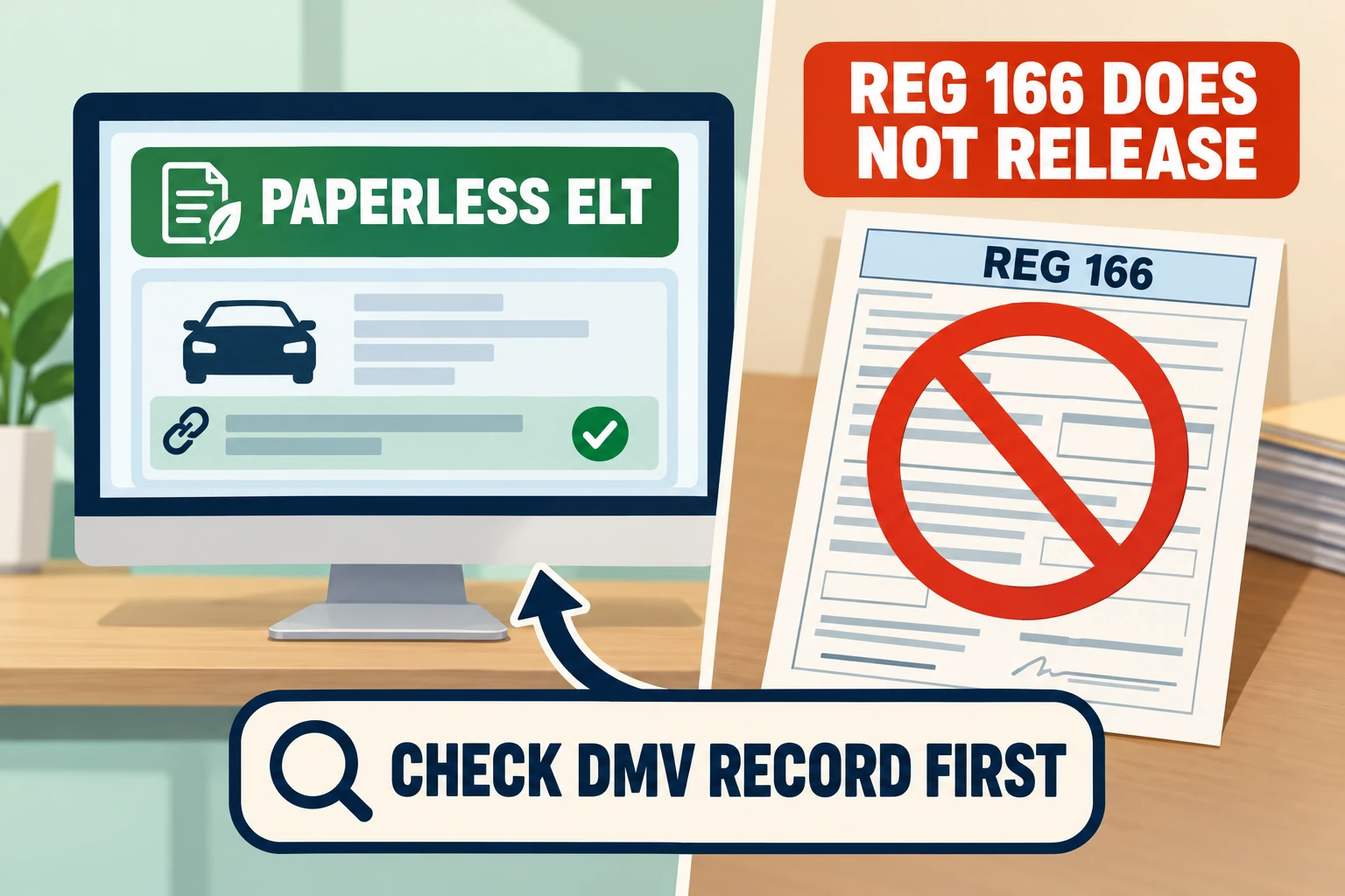 A paperless California ELT record beside REG 166 with a stop mark, reminding owners to check DMV records before using a paper form.