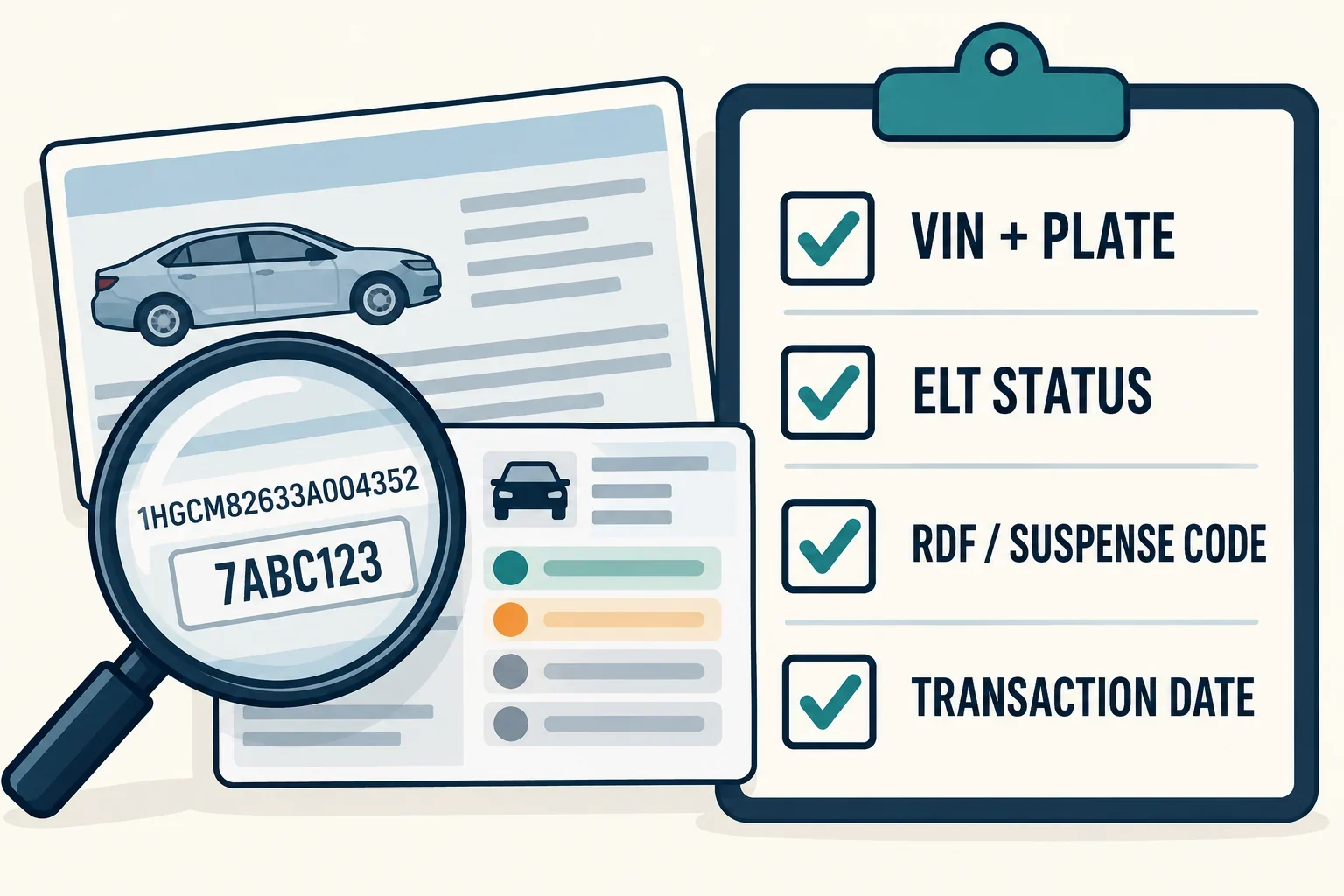 California vehicle record checklist for VIN and plate, ELT status, any reported RDF or suspense condition, and transaction date.
