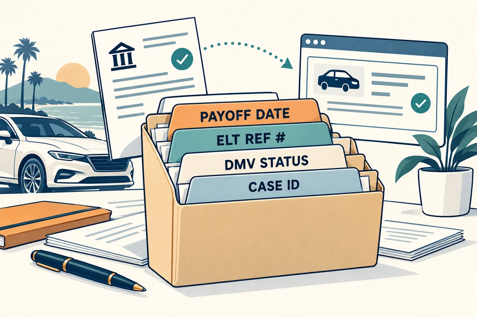Evidence folder for a California ELT title inquiry labeled with payoff date, ELT reference, DMV status, and case identifier.