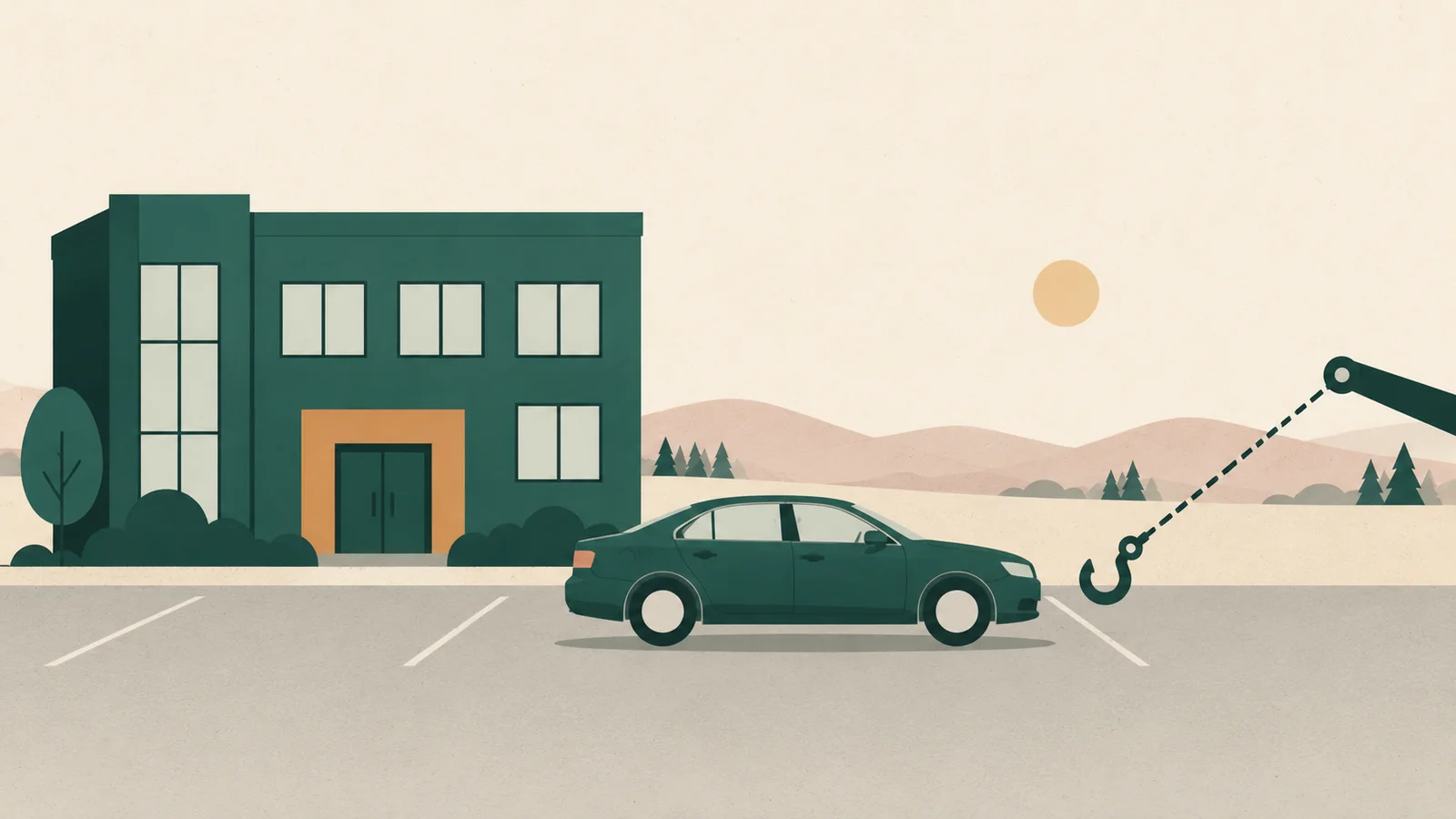 Flat illustration: an office building with a small parking lot holding one sedan, a tow hook entering on a dotted line.