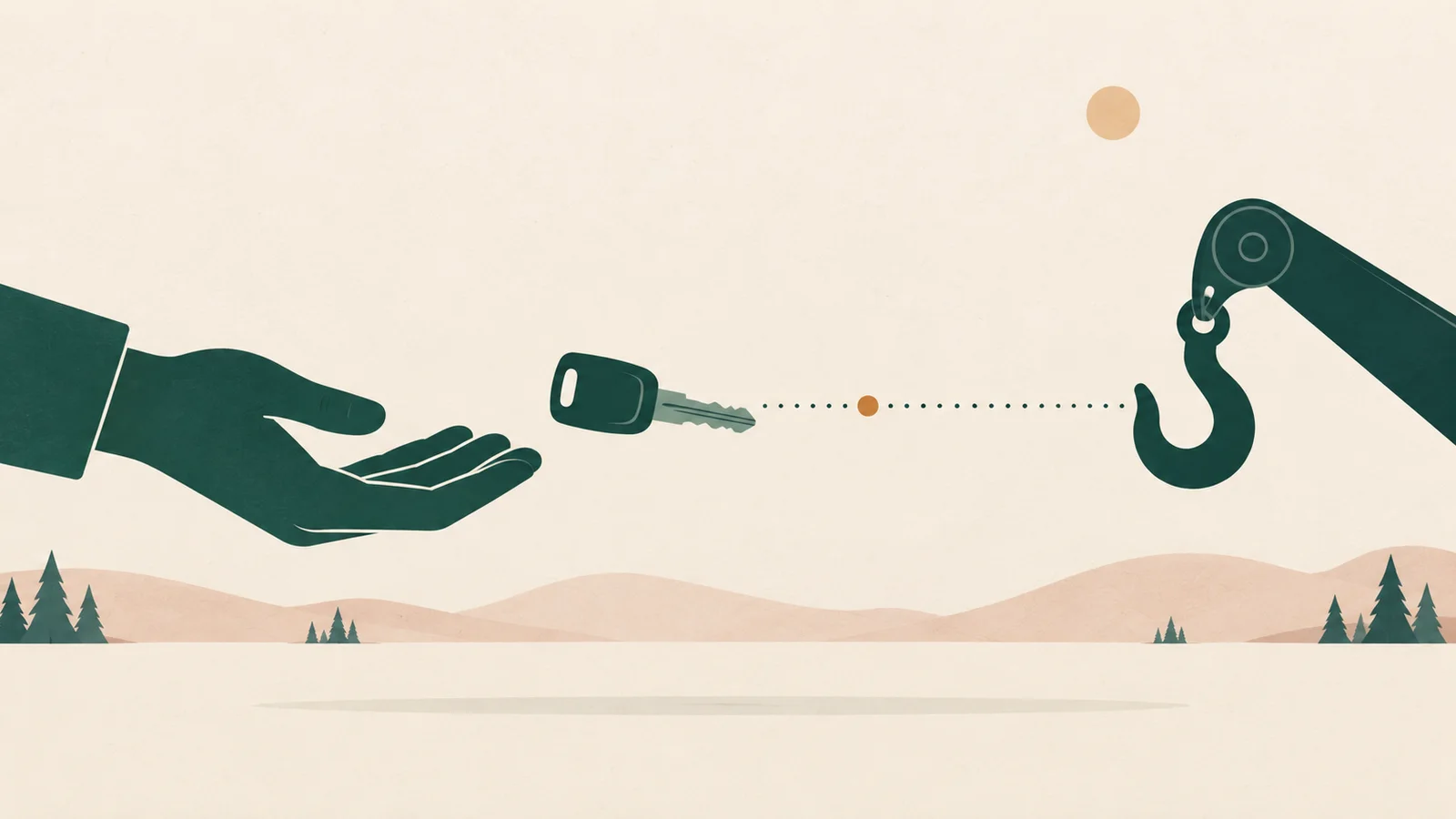 Flat illustration: a single car key on a dotted line between an open flat hand and a tow hook, the key nearer the hand.