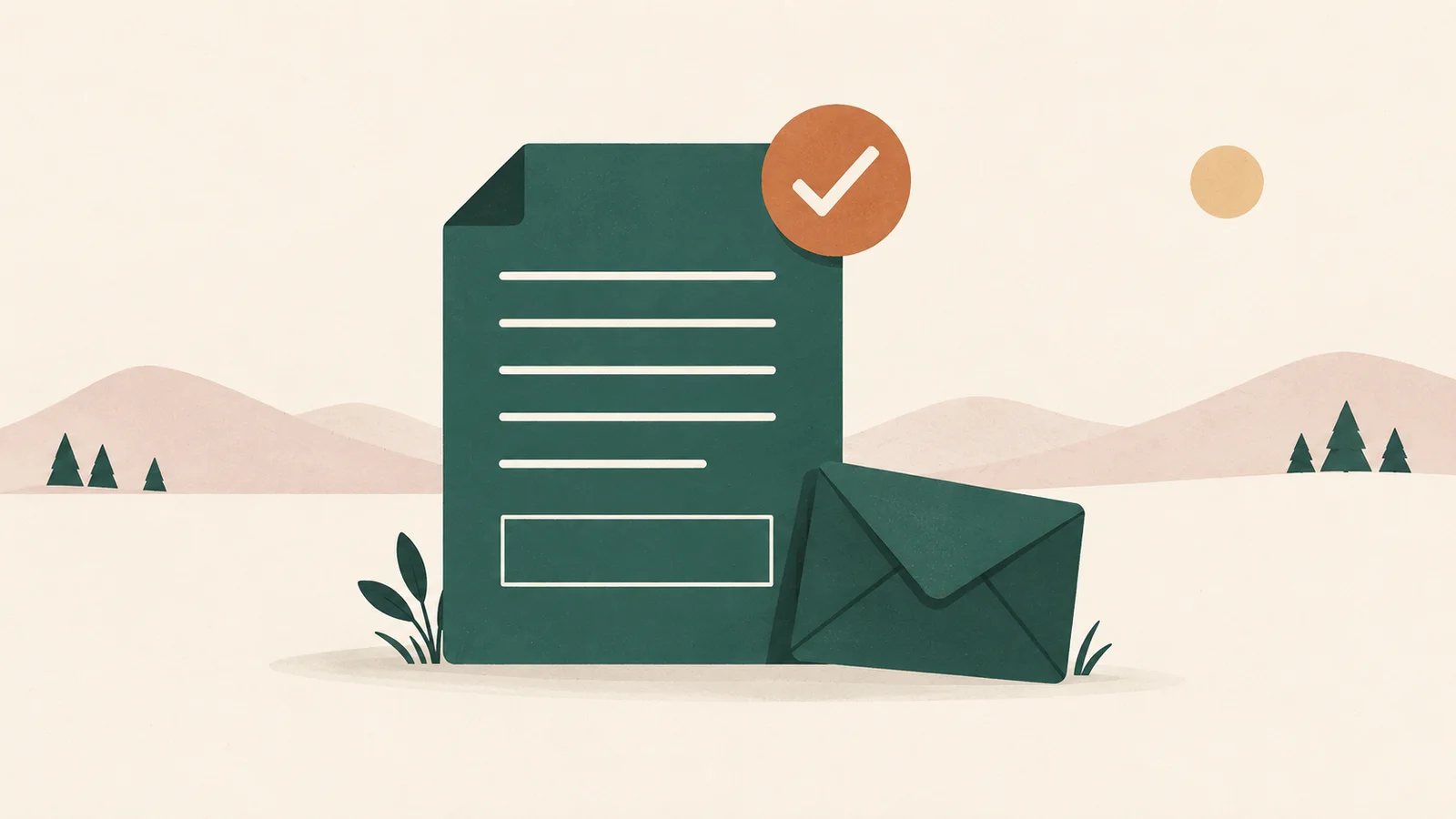 Flat illustration: a document with bar-lines and one empty amount box, an envelope leaning on it and a check-mark at the corner.
