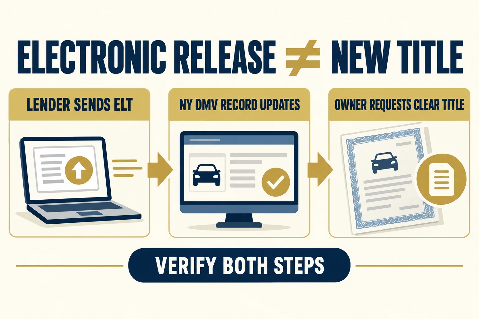 New York title process diagram separating the lender's electronic lien release, the DMV record update, and the owner's separate clear-title request.