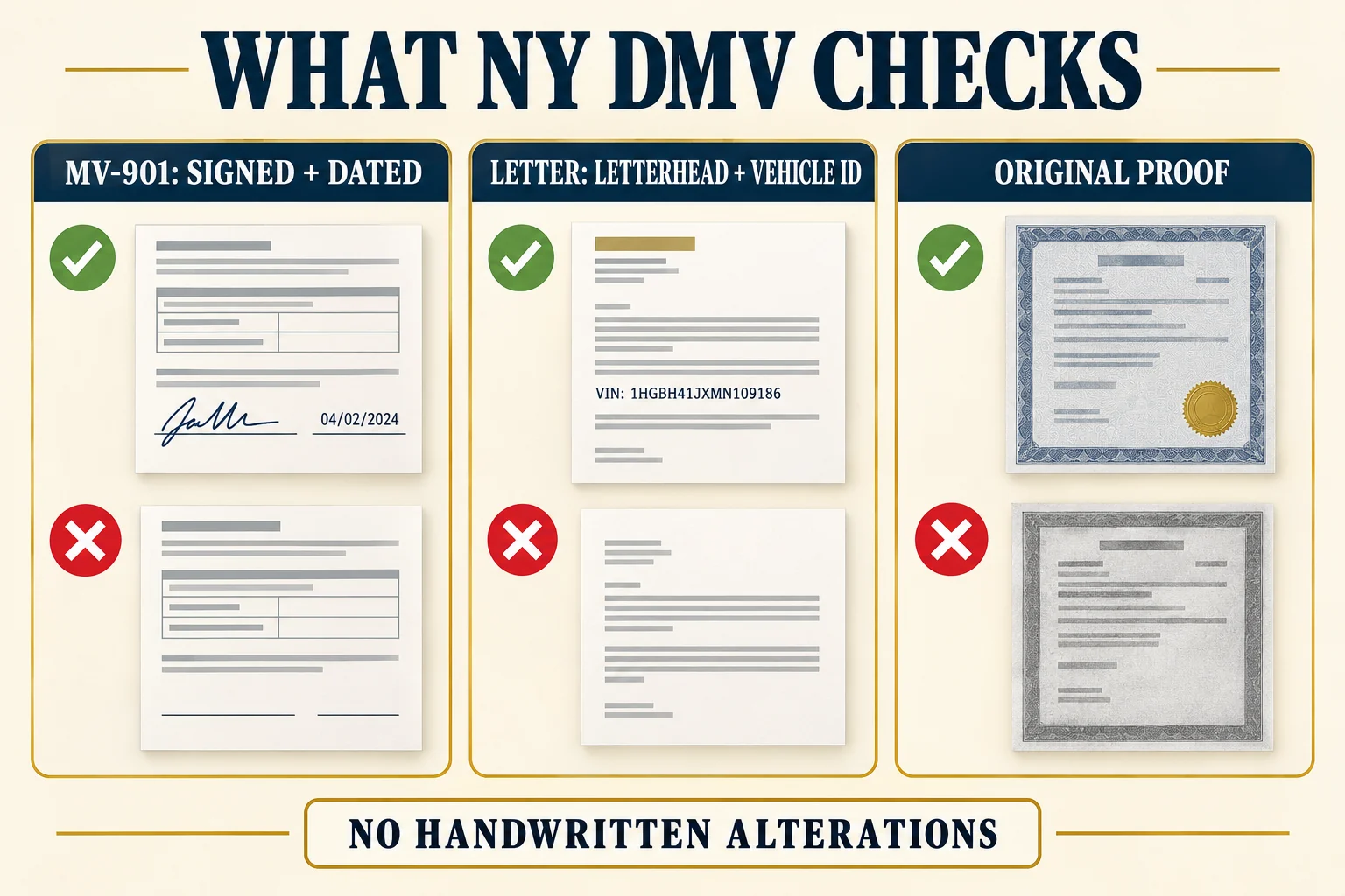 New York DMV lien proof comparison showing signed and dated MV-901, a vehicle-identifying lender letter, and original proof requirements.