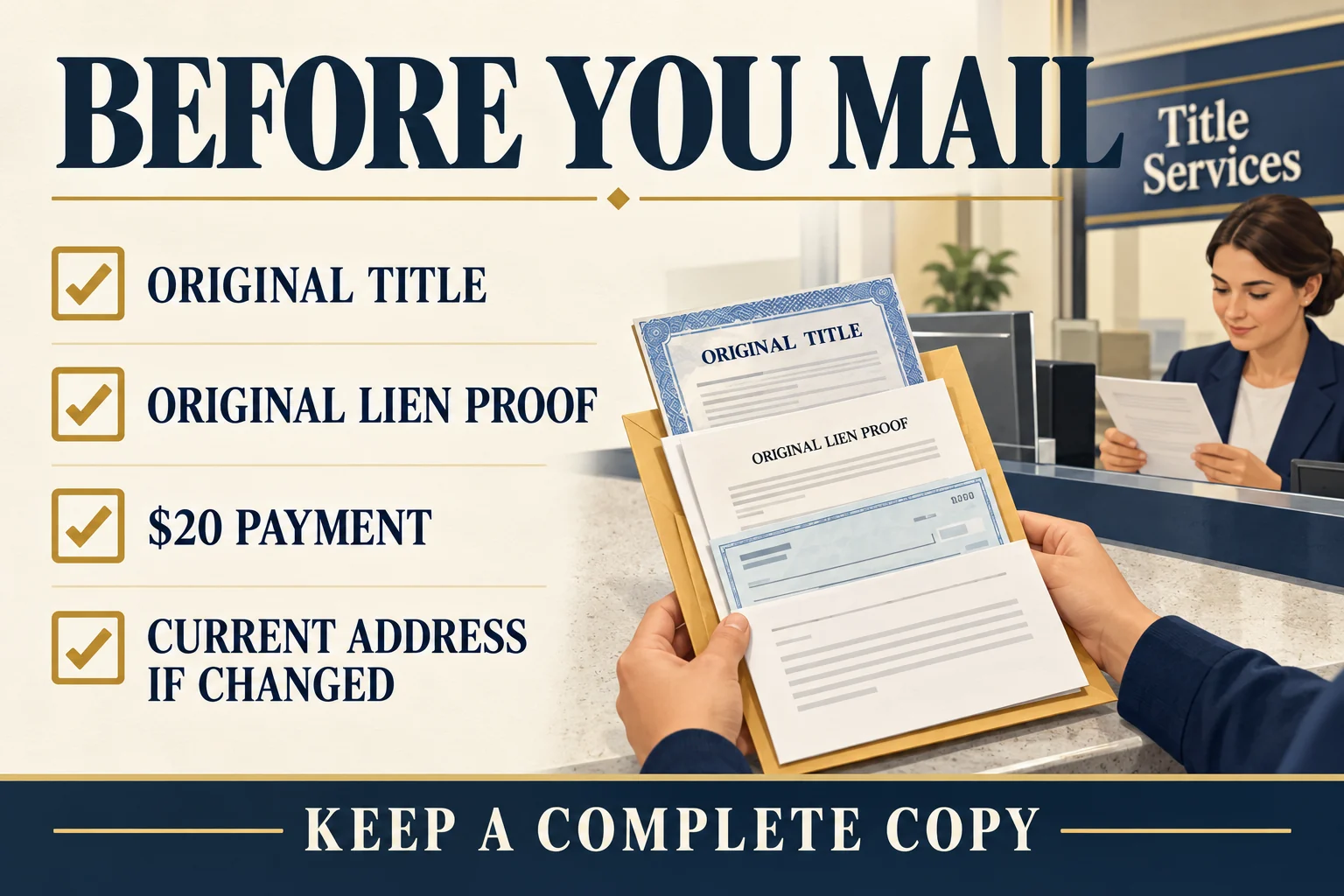 New York lien removal mailing checklist with original title, original lien proof, the listed twenty-dollar payment, and address proof if changed.