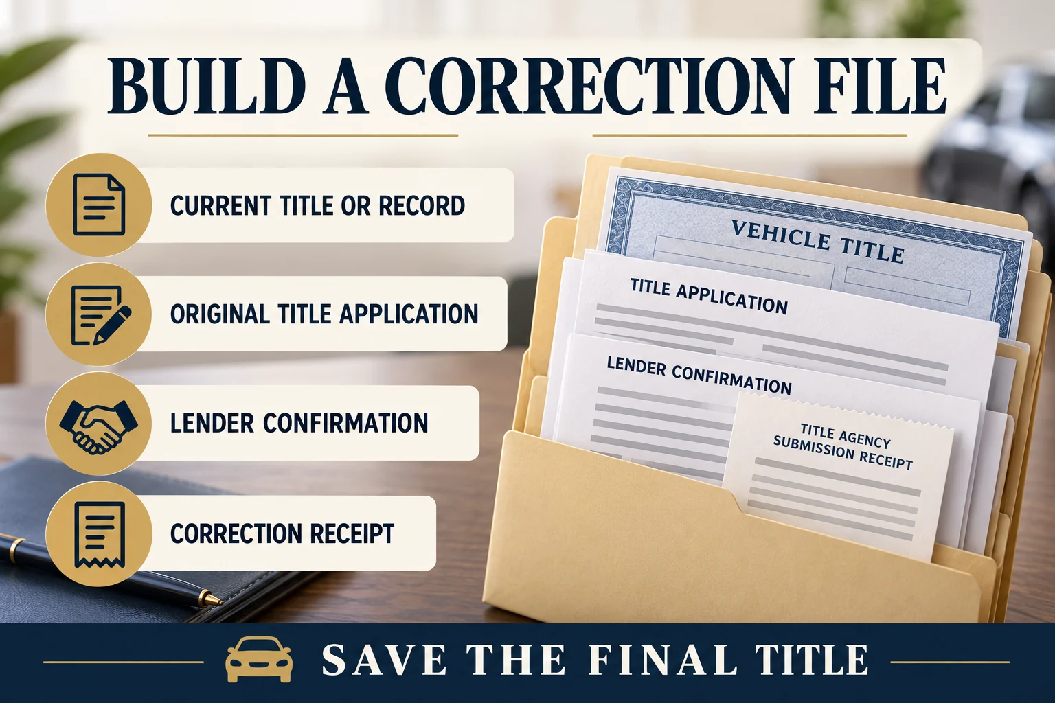 Correction file checklist for a vehicle title: current title or record, original title application, lender confirmation, correction receipt, and the final title.