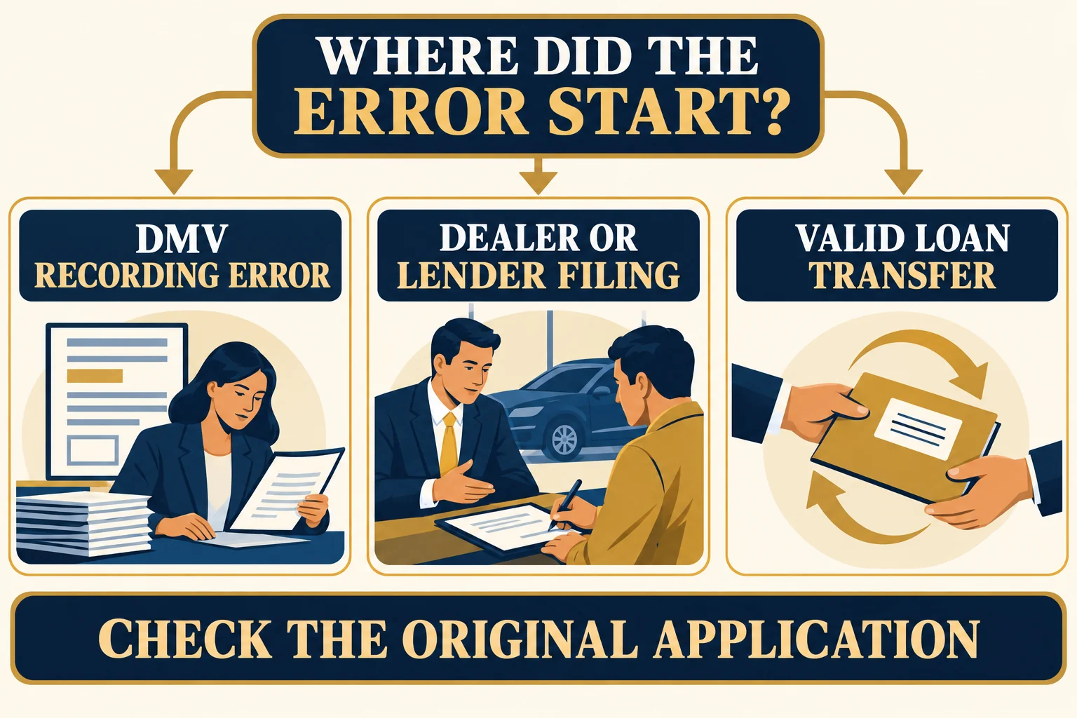 Three possible sources of a wrong lienholder entry: a DMV recording error, dealer or lender filing, or a valid loan transfer; verify against the original application.