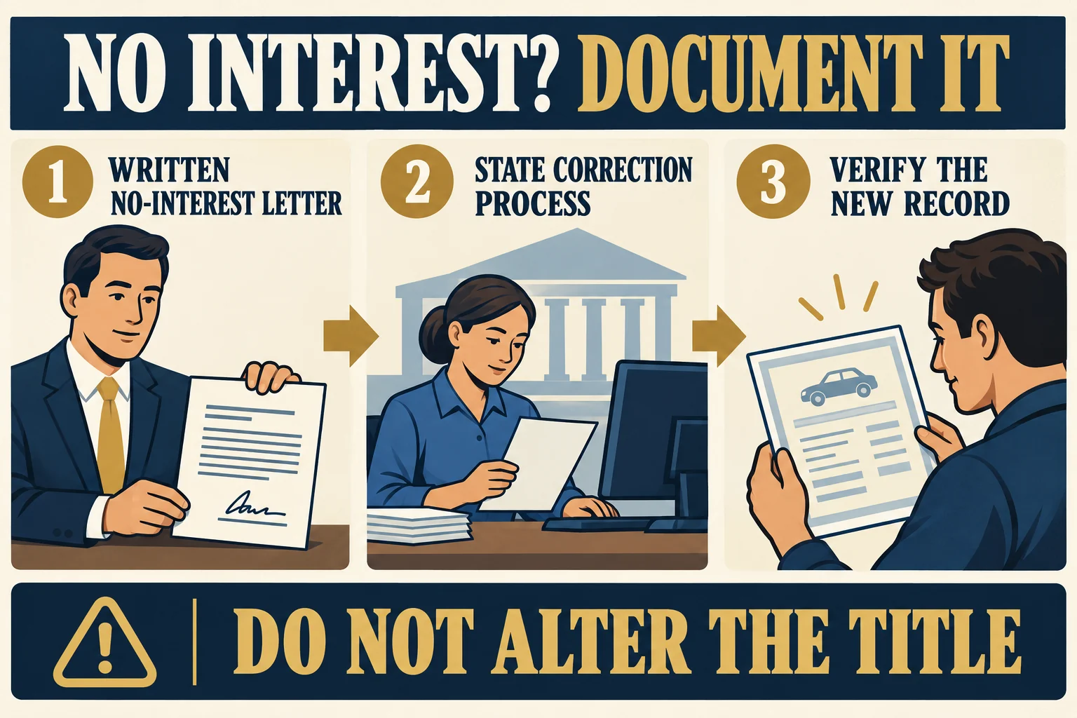 A wrong-lienholder correction sequence showing a written no-interest letter, the state's title correction process, verification of the new record, and a reminder not to alter the title.
