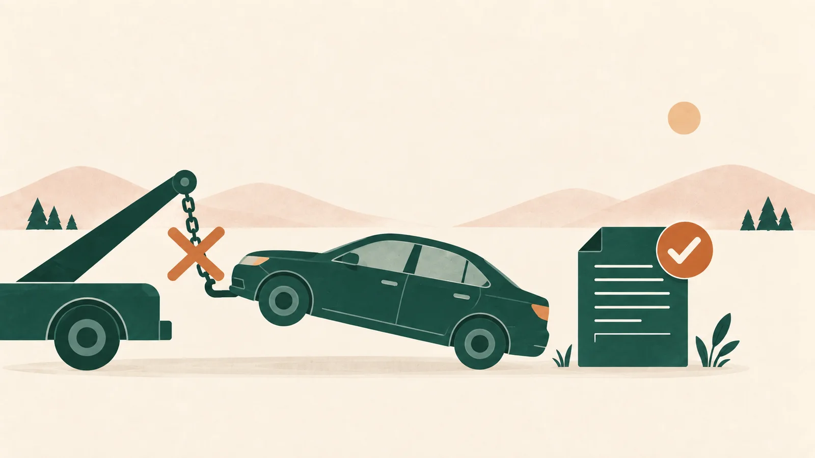 Flat illustration: a sedan being lifted by a tow hook that is crossed out with an X, an upright document beside it carrying a large check mark.